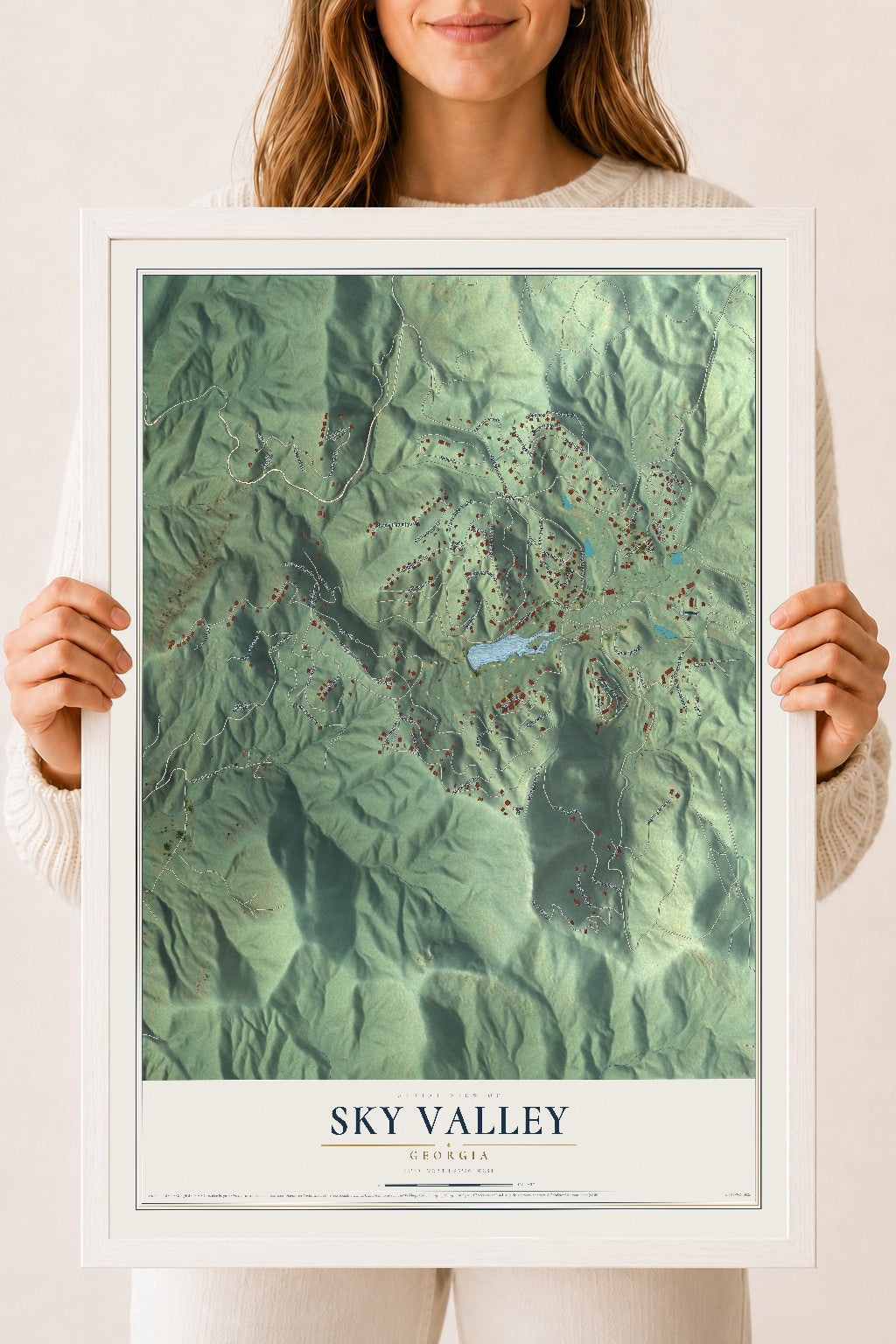 Sky Valley, Georgia map print, 18" x 24" W/ White Ayous Wood Frame mockup