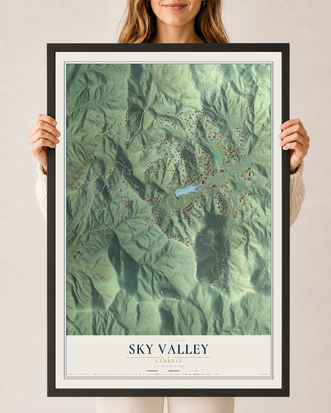 Sky Valley, Georgia map print, 24" x 36" W/ Black Ayous Wood Frame mockup