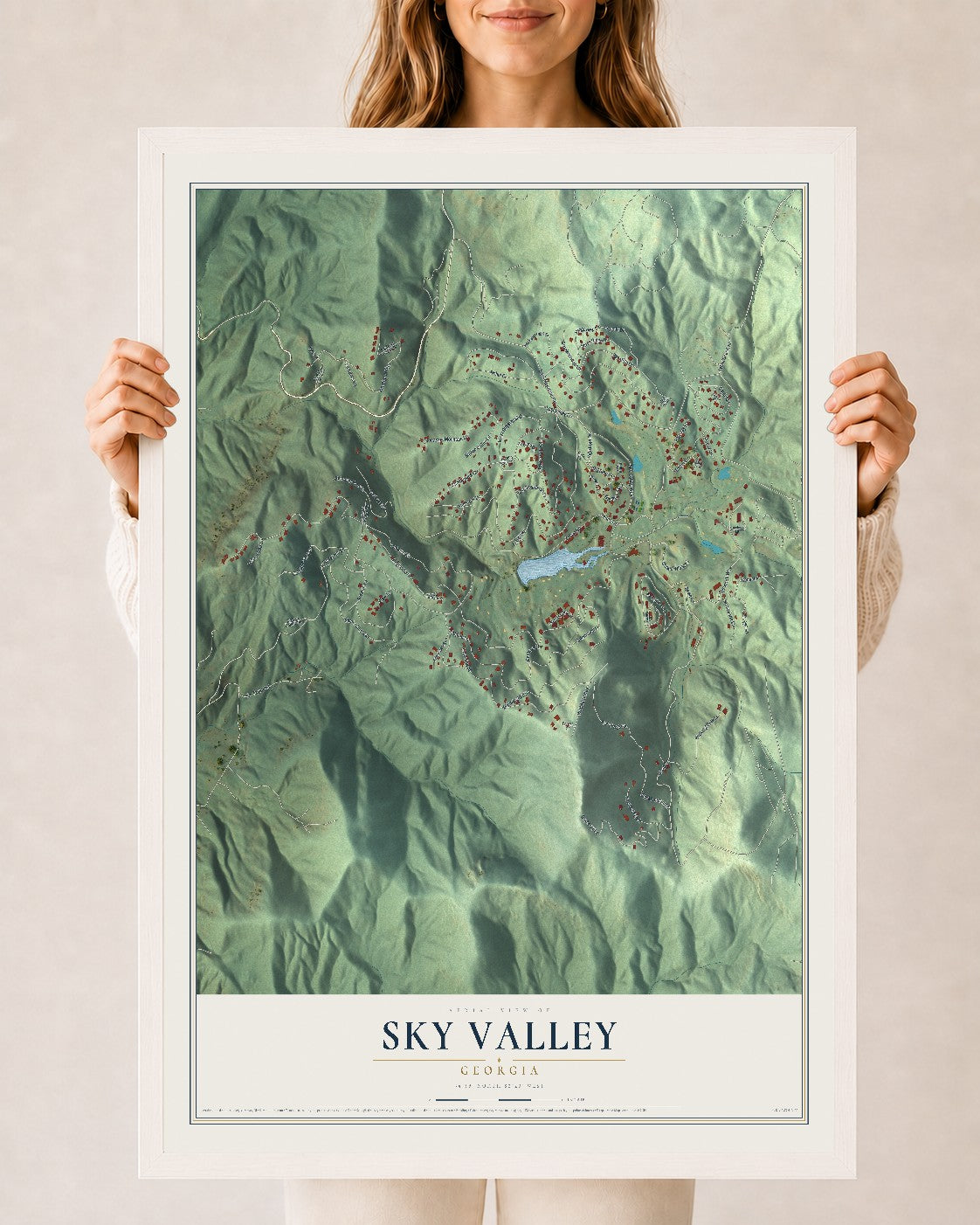Sky Valley, Georgia map print, 24" x 36" W/ White Ayous Wood Frame mockup