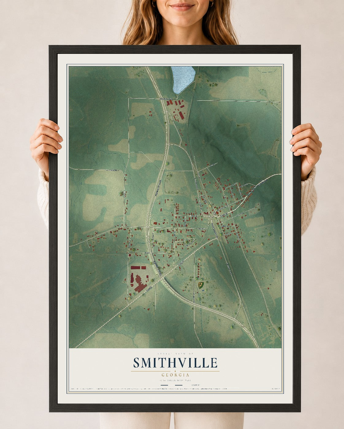 Smithville, Georgia map print, 24" x 36" W/ Black Ayous Wood Frame mockup