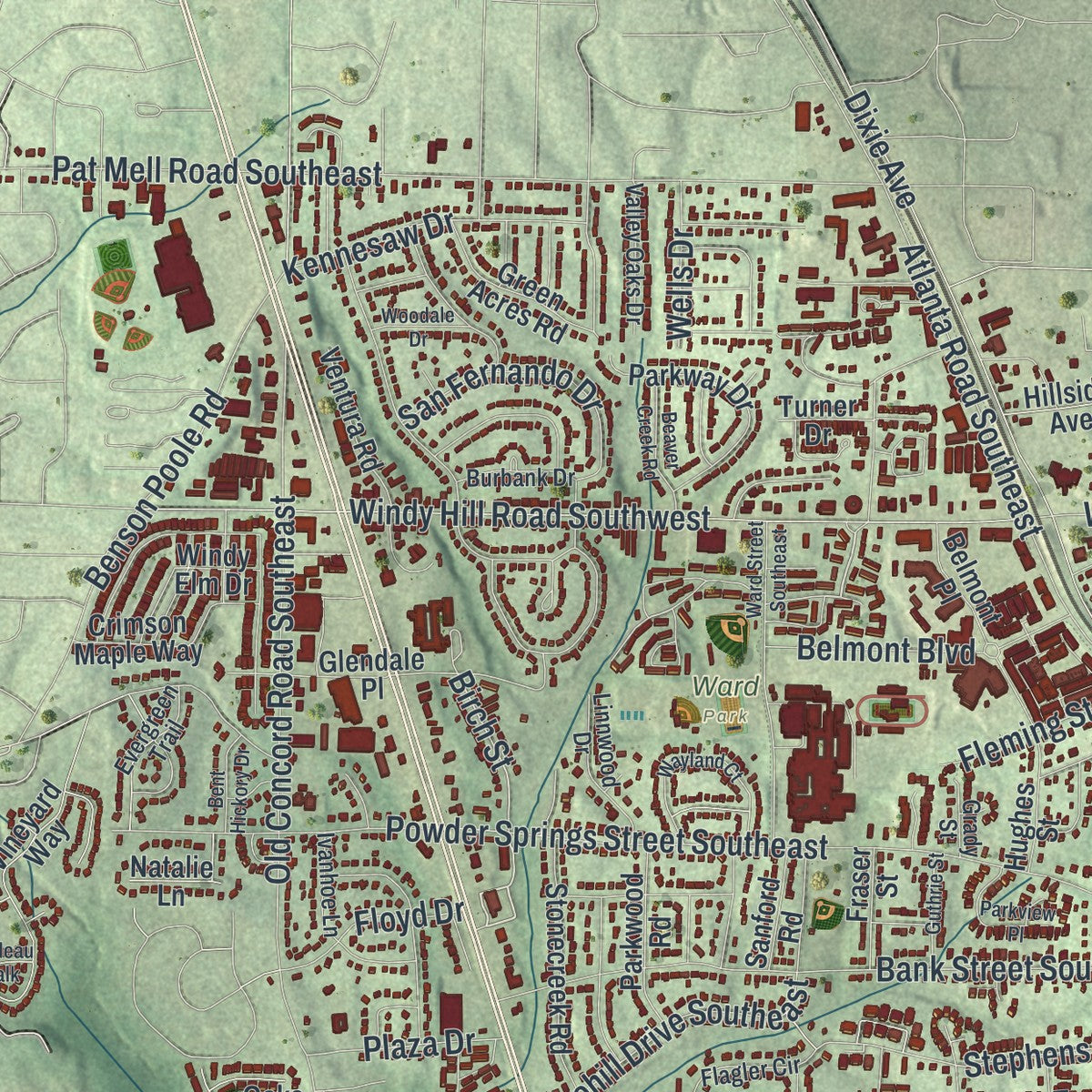 Close-up 2 of the Smyrna, Georgia map artwork