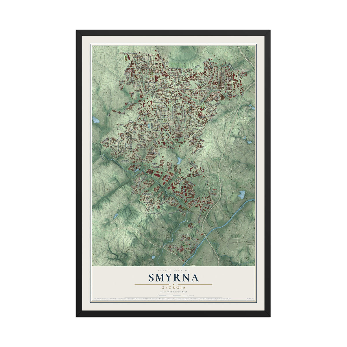 Smyrna, Georgia map print, 12" x 18" W/ Black Ayous Wood Frame mockup