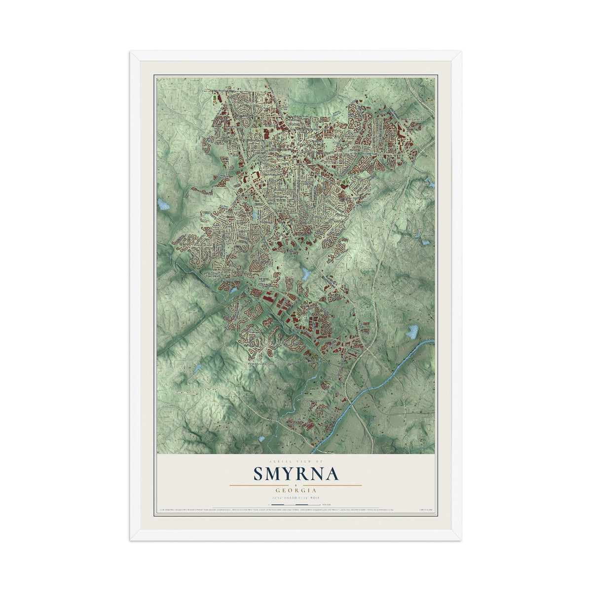 Smyrna, Georgia map print, 12" x 18" W/ White Ayous Wood Frame mockup