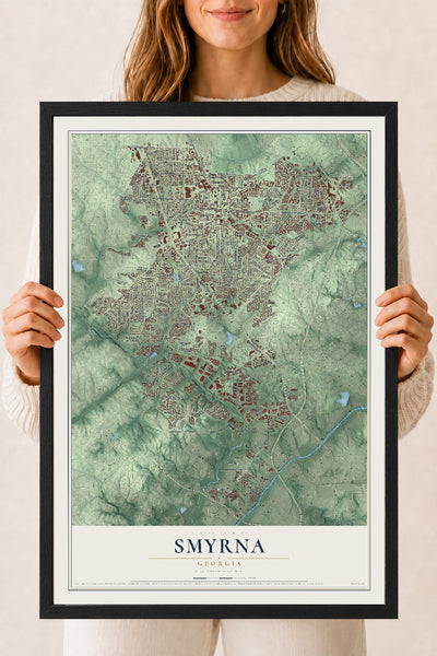Smyrna, Georgia map print, 18" x 24" W/ Black Ayous Wood Frame mockup