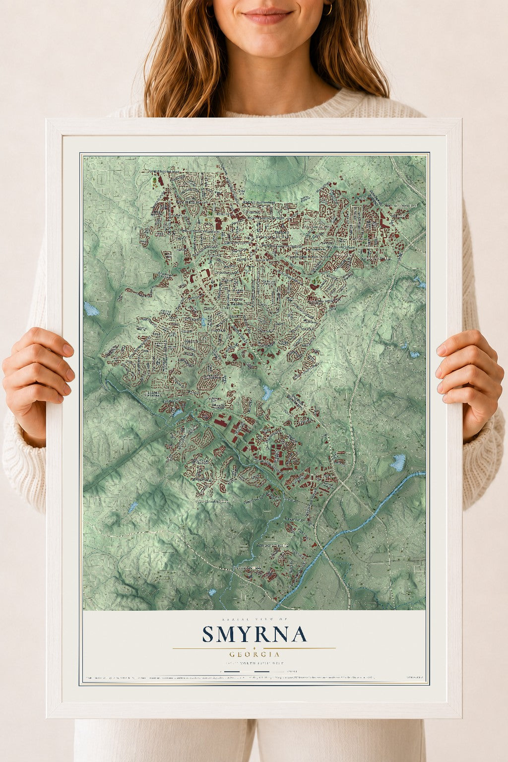 Smyrna, Georgia map print, 18" x 24" W/ White Ayous Wood Frame mockup