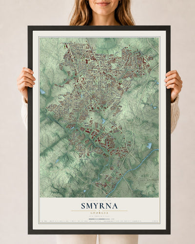 Smyrna, Georgia map print, 24" x 36" W/ Black Ayous Wood Frame mockup