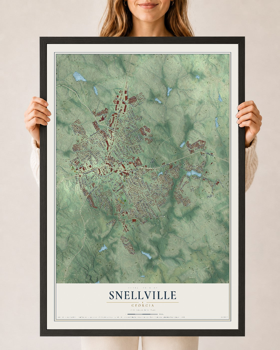 Snellville, Georgia map print, 24" x 36" W/ Black Ayous Wood Frame mockup