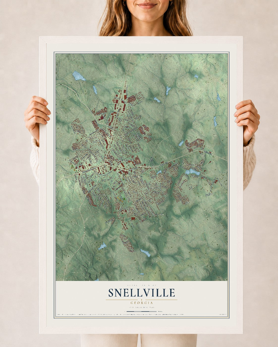 Snellville, Georgia map print, 24" x 36" W/ White Ayous Wood Frame mockup
