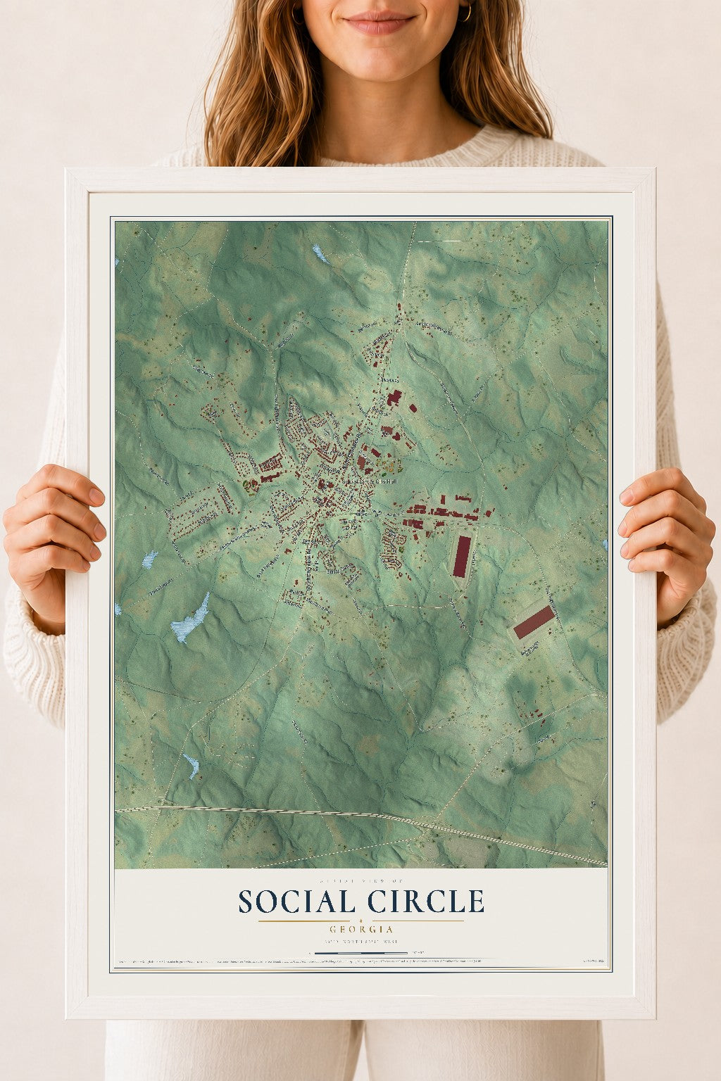 Social Circle, Georgia map print, 18" x 24" W/ White Ayous Wood Frame mockup