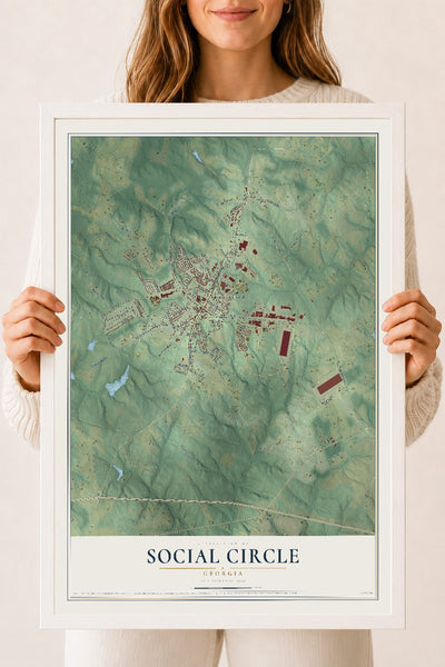 Social Circle, Georgia map print, 18" x 24" W/ White Ayous Wood Frame mockup