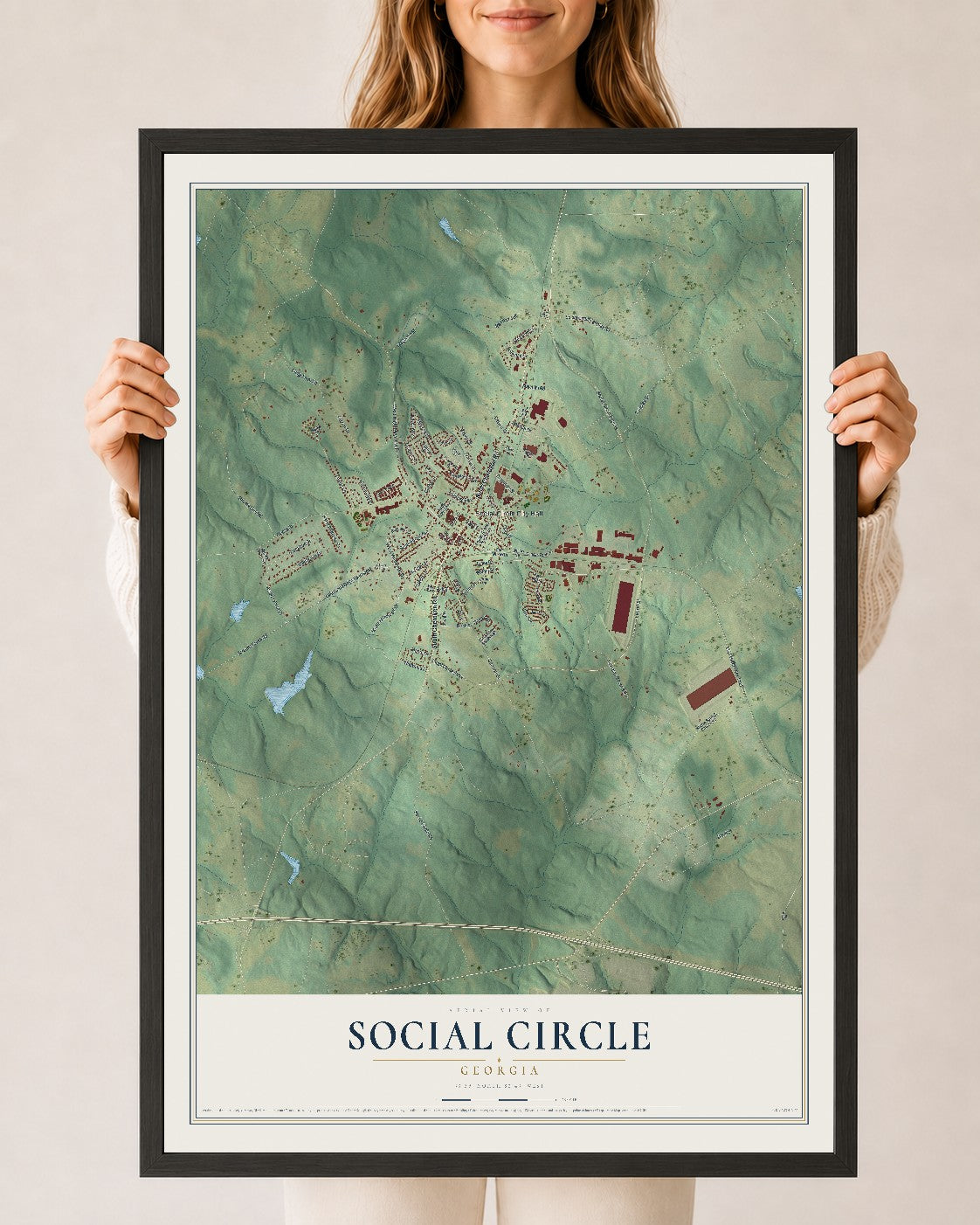 Social Circle, Georgia map print, 24" x 36" W/ Black Ayous Wood Frame mockup