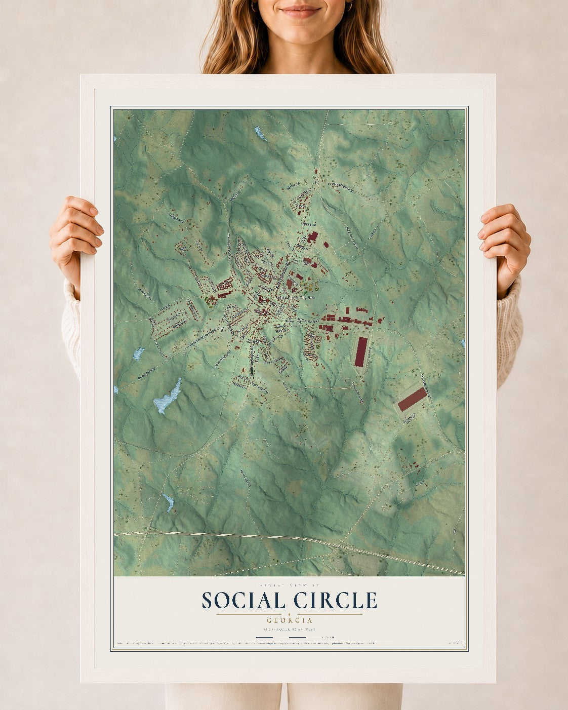 Social Circle, Georgia map print, 24" x 36" W/ White Ayous Wood Frame mockup