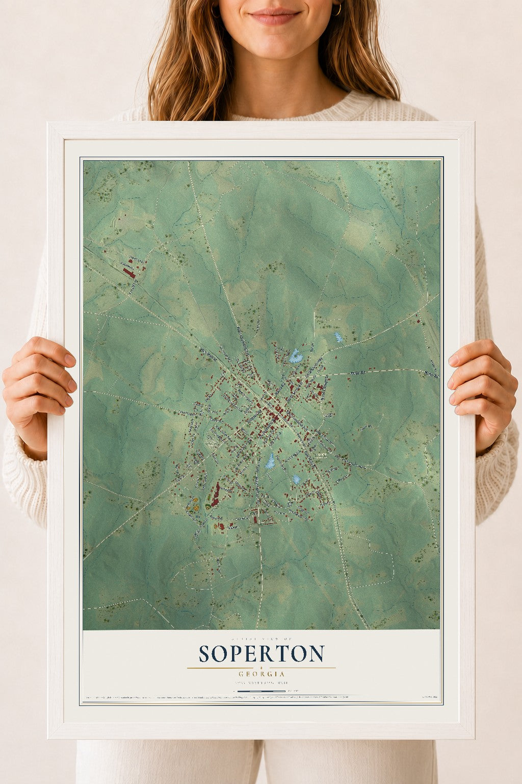 Soperton, Georgia map print, 18" x 24" W/ White Ayous Wood Frame mockup