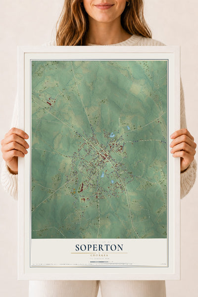 Soperton, Georgia map print, 18" x 24" W/ White Ayous Wood Frame mockup
