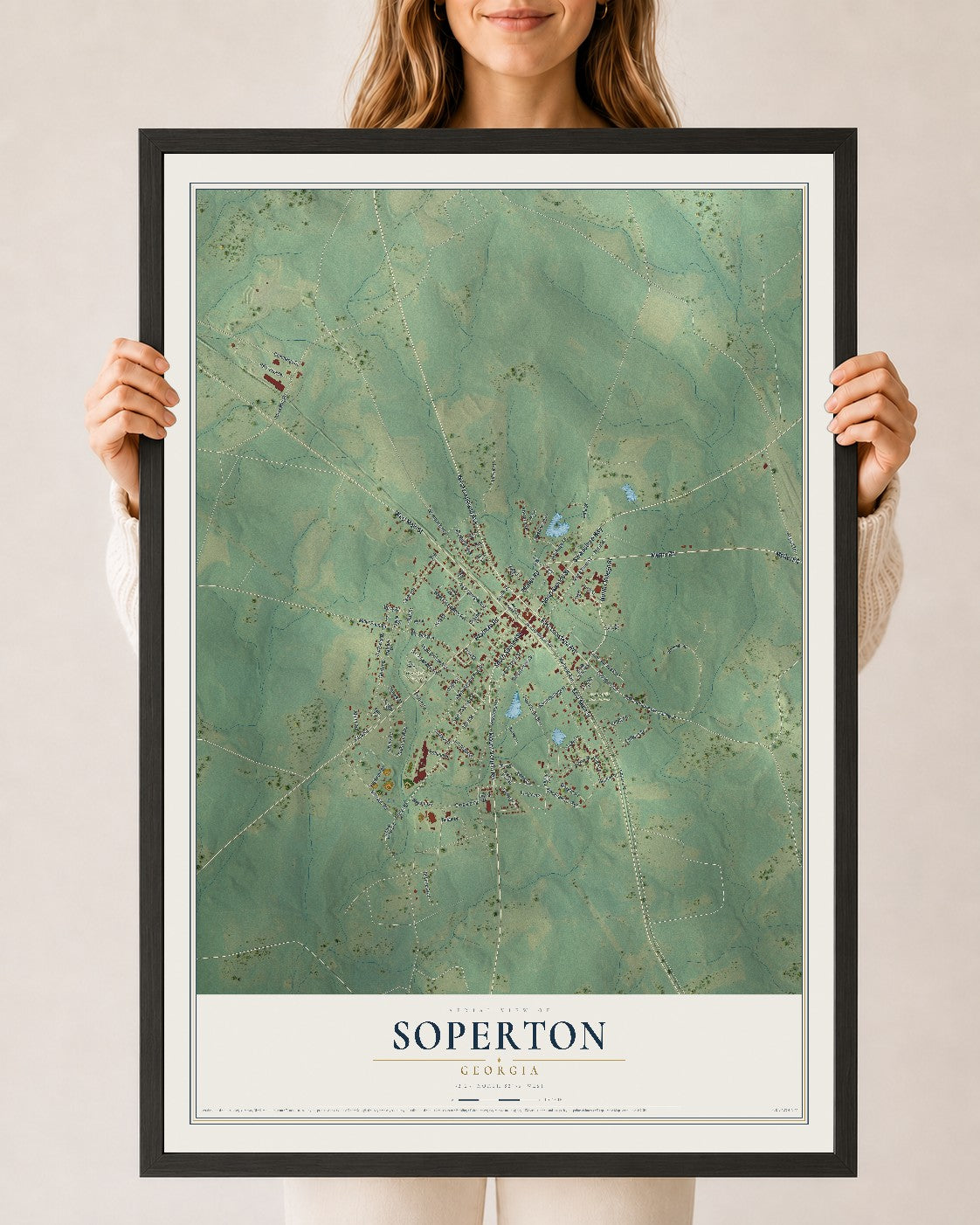 Soperton, Georgia map print, 24" x 36" W/ Black Ayous Wood Frame mockup