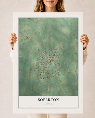 Soperton, Georgia map print, 24" x 36" W/ White Ayous Wood Frame mockup