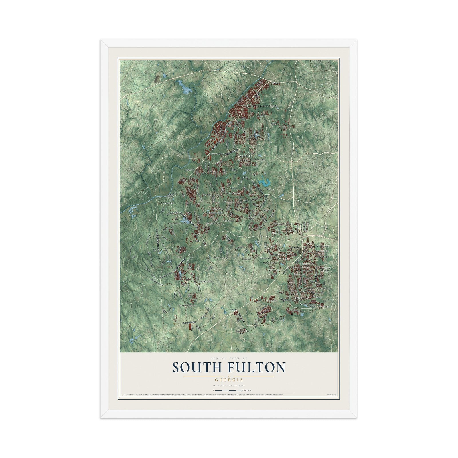 South Fulton, Georgia map print, 12" x 18" W/ White Ayous Wood Frame mockup