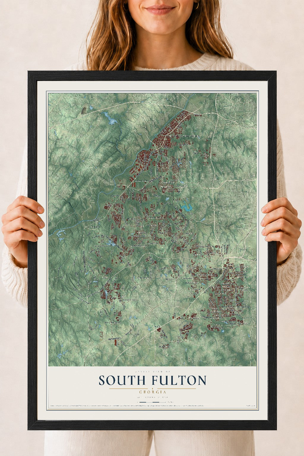 South Fulton, Georgia map print, 18" x 24" W/ Black Ayous Wood Frame mockup