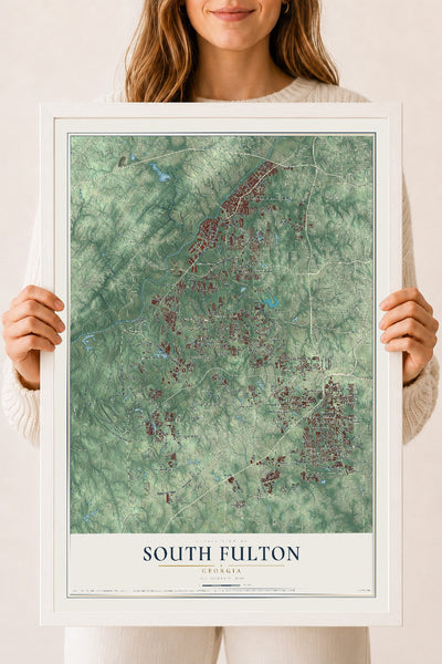 South Fulton, Georgia map print, 18" x 24" W/ White Ayous Wood Frame mockup