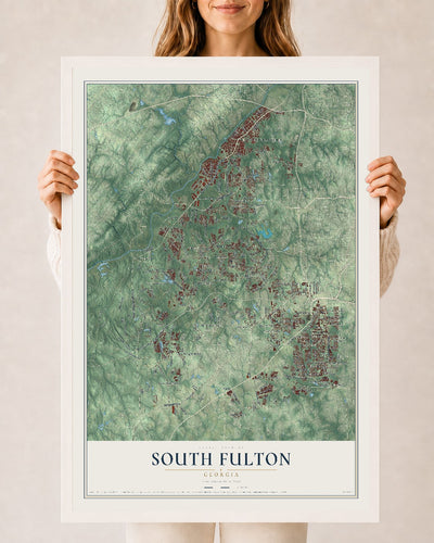 South Fulton, Georgia map print, 24" x 36" W/ White Ayous Wood Frame mockup