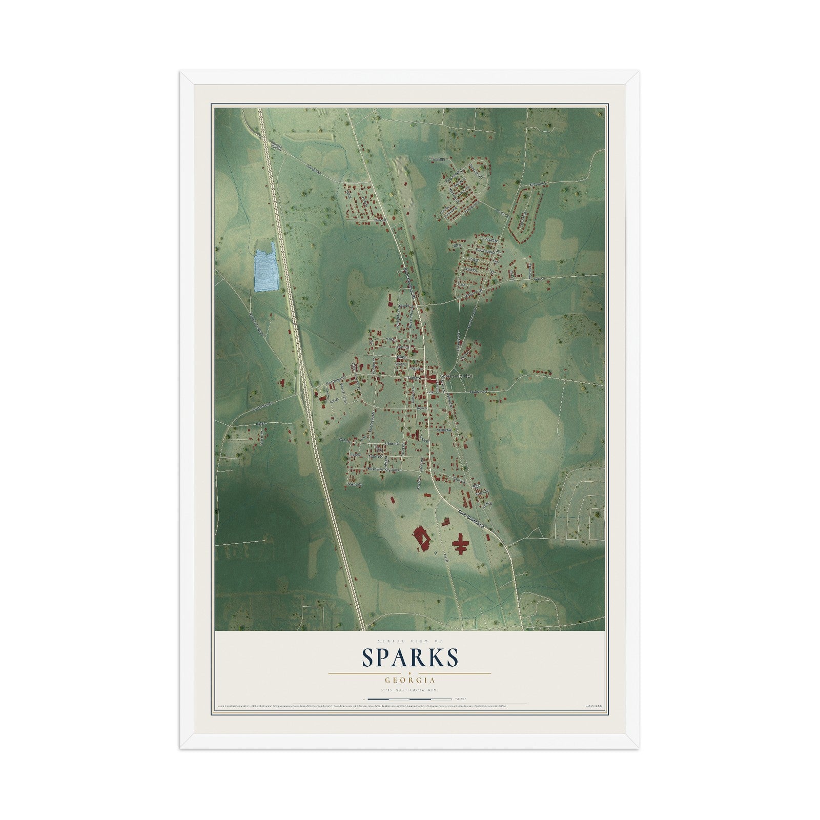 Sparks, Georgia map print, 12" x 18" W/ White Ayous Wood Frame mockup