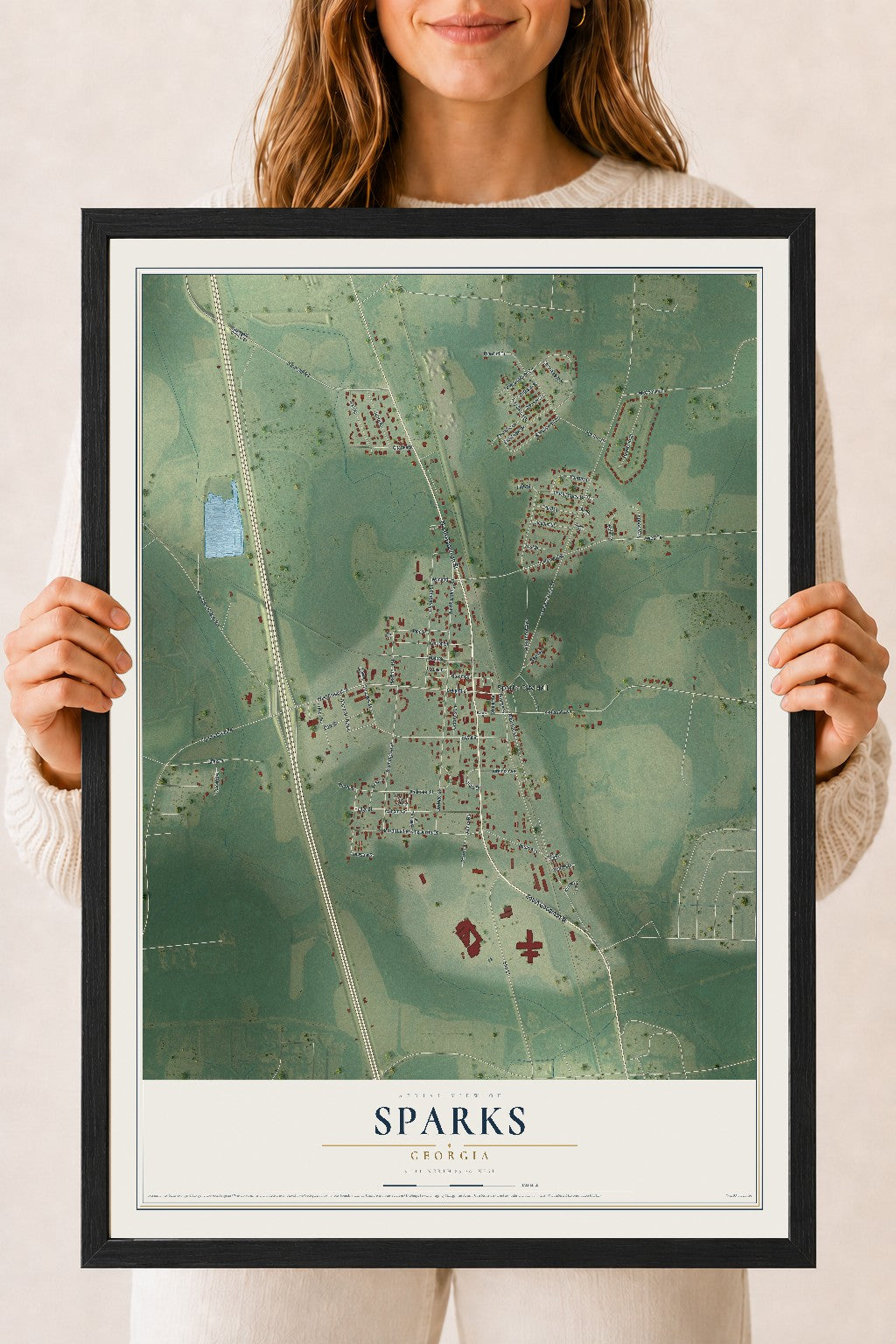 Sparks, Georgia map print, 18" x 24" W/ Black Ayous Wood Frame mockup