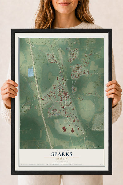 Sparks, Georgia map print, 18" x 24" W/ Black Ayous Wood Frame mockup