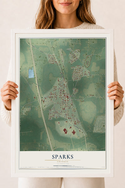 Sparks, Georgia map print, 18" x 24" W/ White Ayous Wood Frame mockup