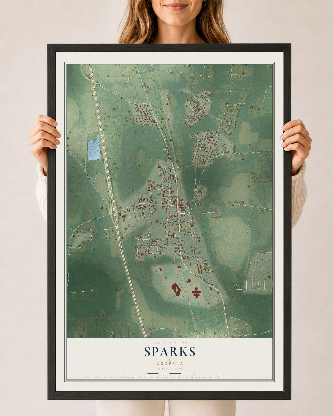 Sparks, Georgia map print, 24" x 36" W/ Black Ayous Wood Frame mockup