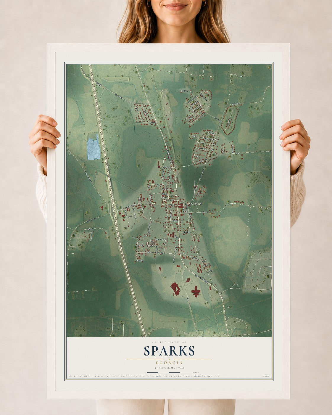Sparks, Georgia map print, 24" x 36" W/ White Ayous Wood Frame mockup