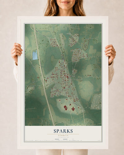 Sparks, Georgia map print, 24" x 36" W/ White Ayous Wood Frame mockup