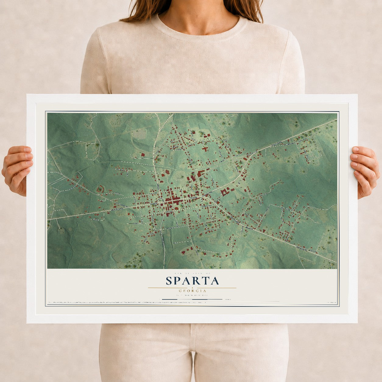 Sparta, Georgia map print, 12" x 18" W/ White Ayous Wood Frame mockup