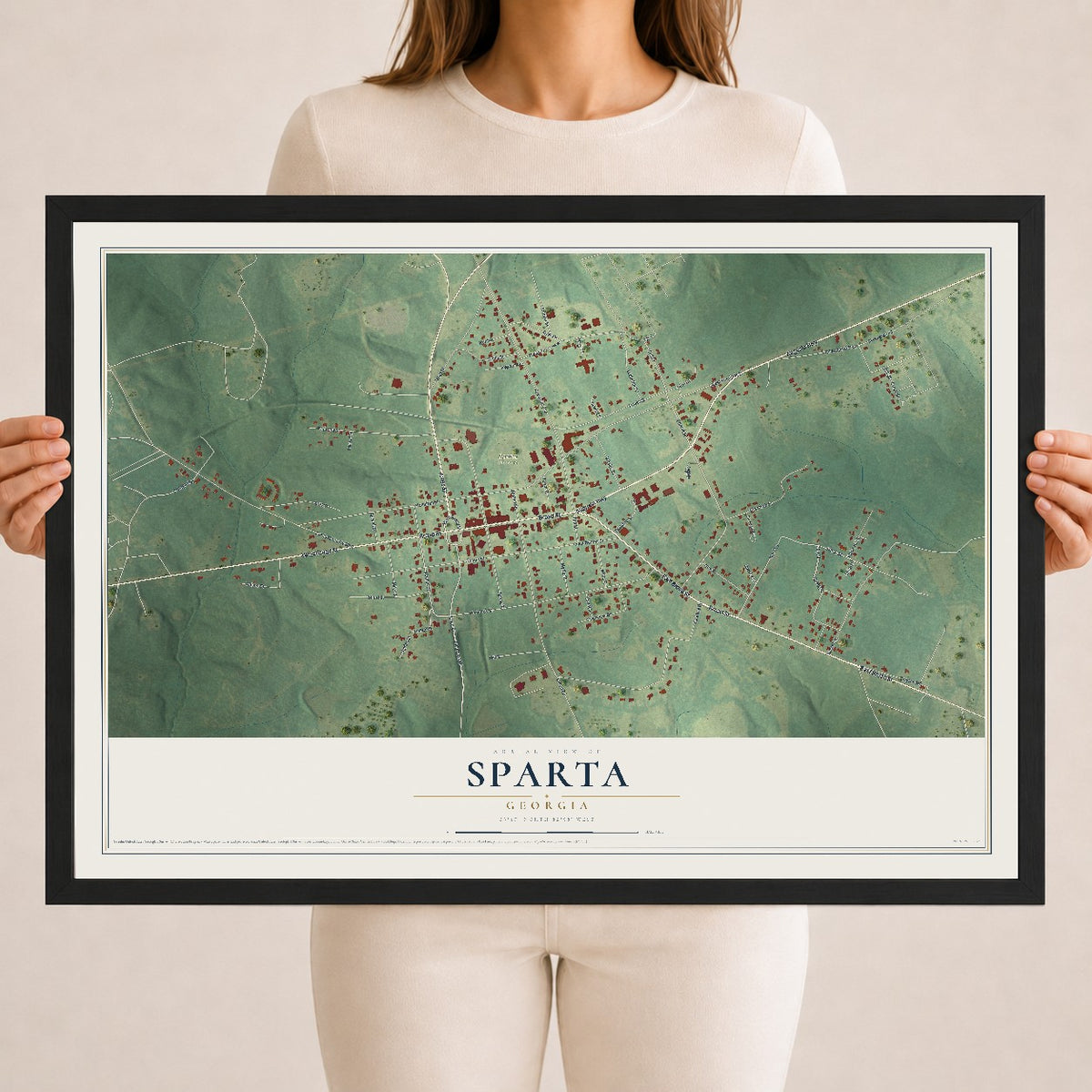 Sparta, Georgia map print, 18" x 24" W/ Black Ayous Wood Frame mockup