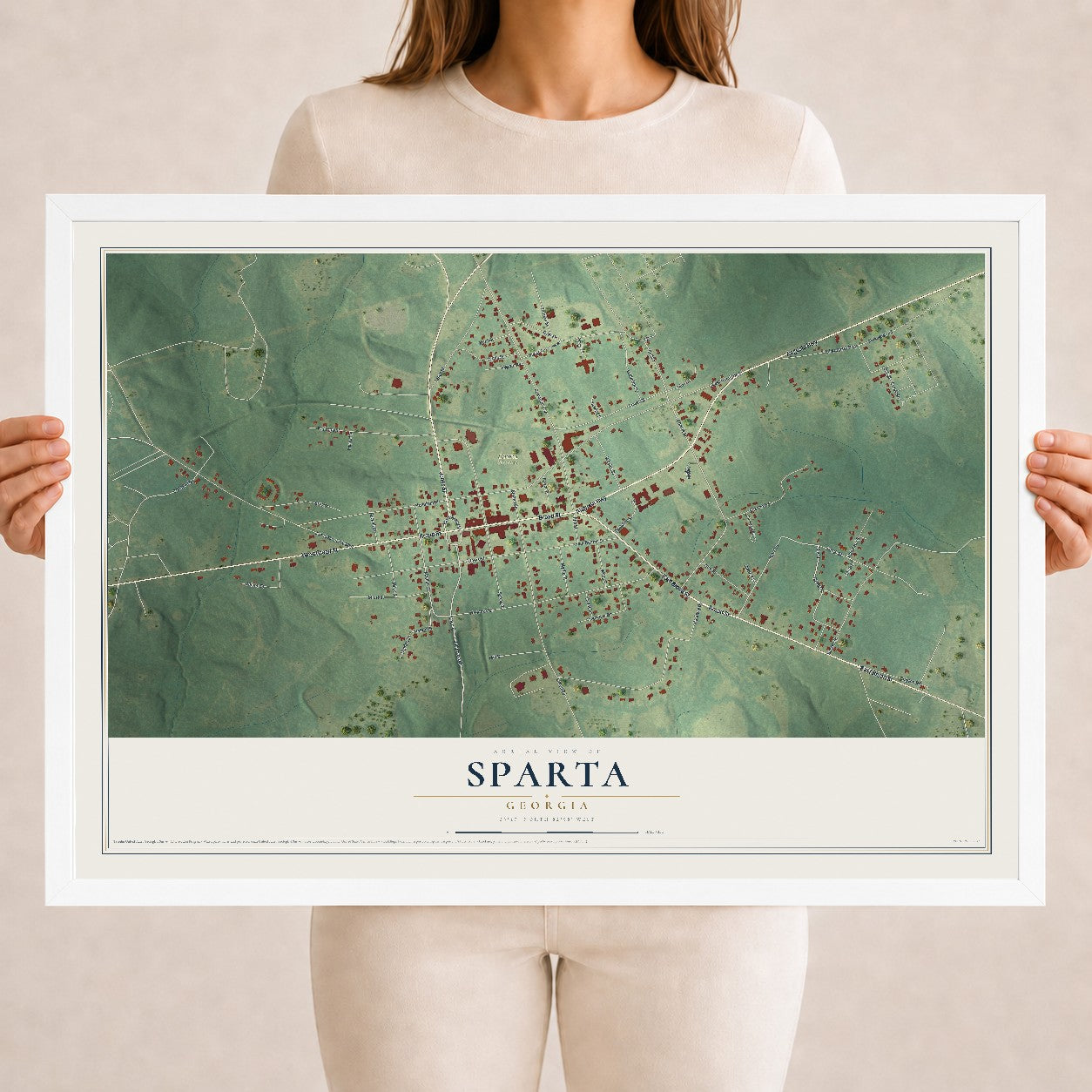 Sparta, Georgia map print, 18" x 24" W/ White Ayous Wood Frame mockup