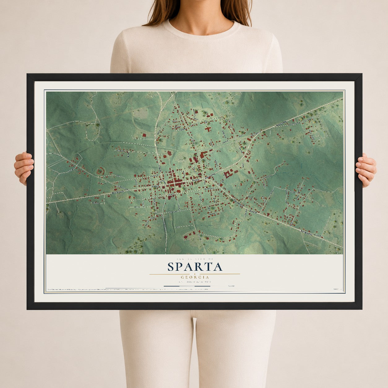 Sparta, Georgia map print, 24" x 36" W/ Black Ayous Wood Frame mockup