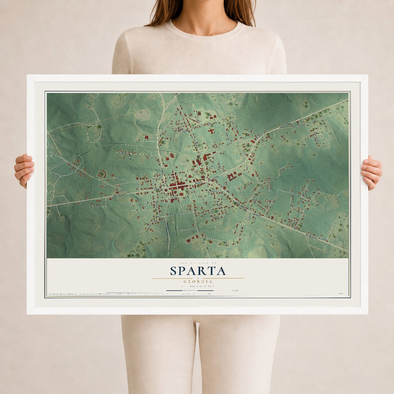 Sparta, Georgia map print, 24" x 36" W/ White Ayous Wood Frame mockup