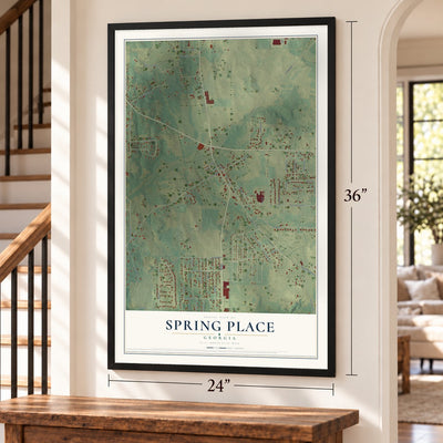 Spring Place, Georgia map, 24 x 36 inch print in a black frame by a staircase