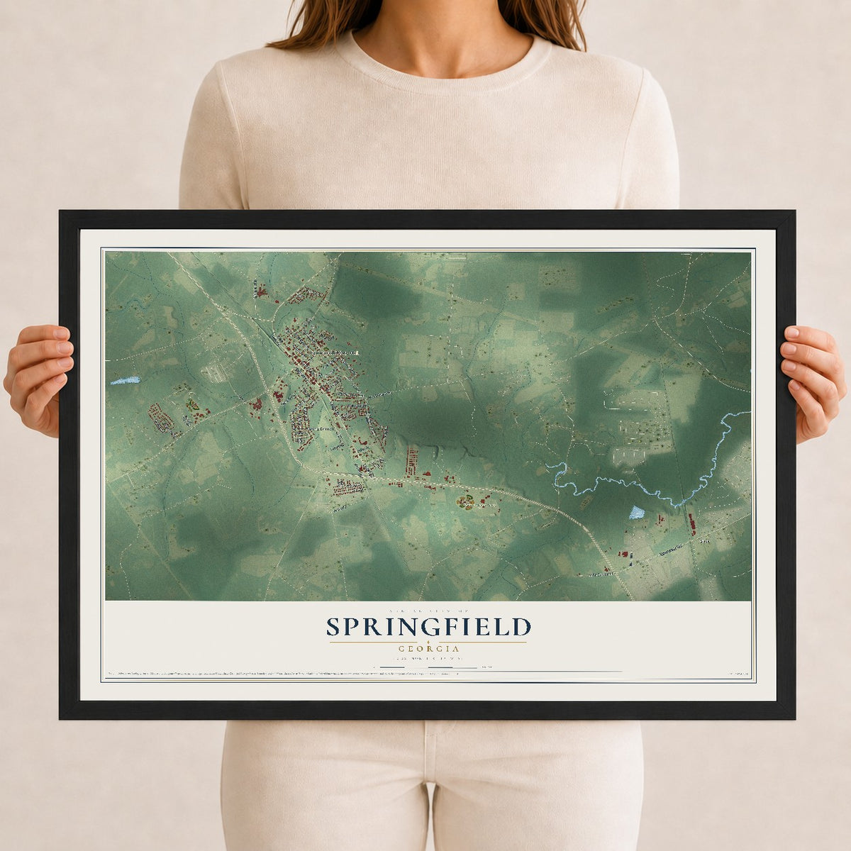 Springfield, Georgia map print, 12" x 18" W/ Black Ayous Wood Frame mockup