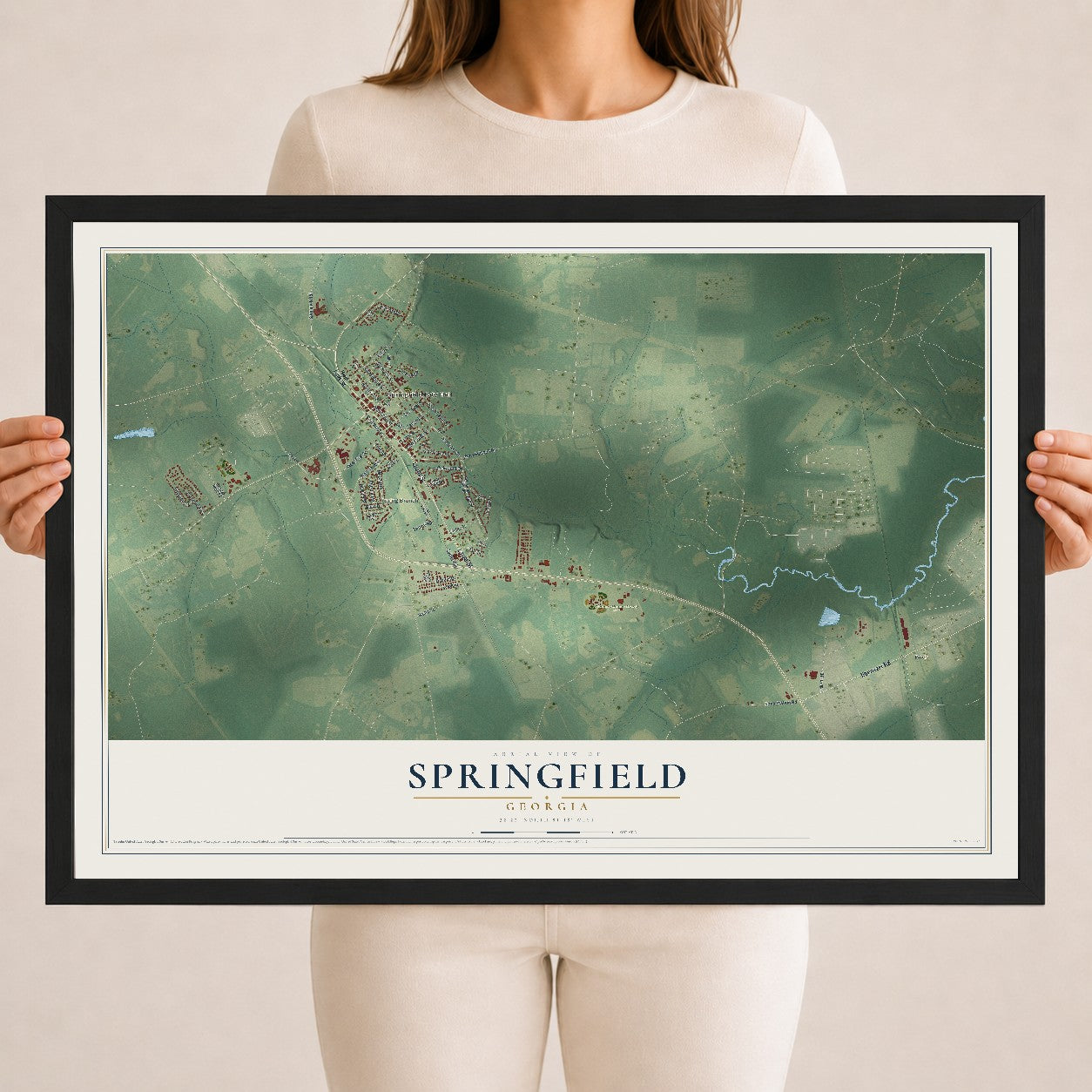 Springfield, Georgia map print, 18" x 24" W/ Black Ayous Wood Frame mockup
