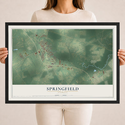 Springfield, Georgia map print, 18" x 24" W/ Black Ayous Wood Frame mockup