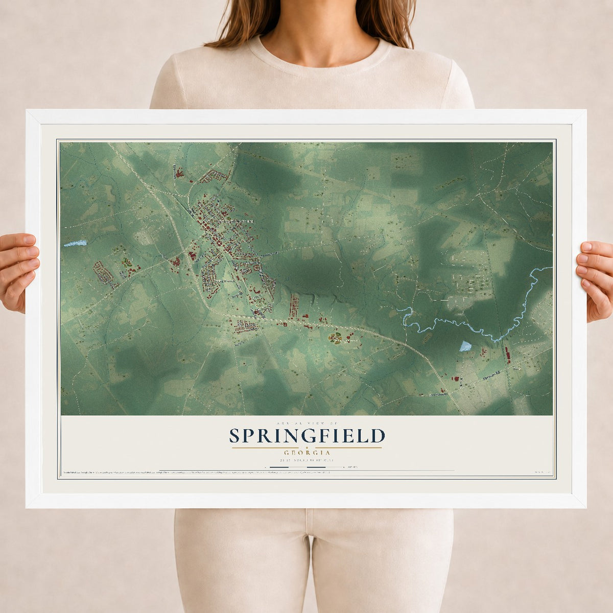 Springfield, Georgia map print, 18" x 24" W/ White Ayous Wood Frame mockup