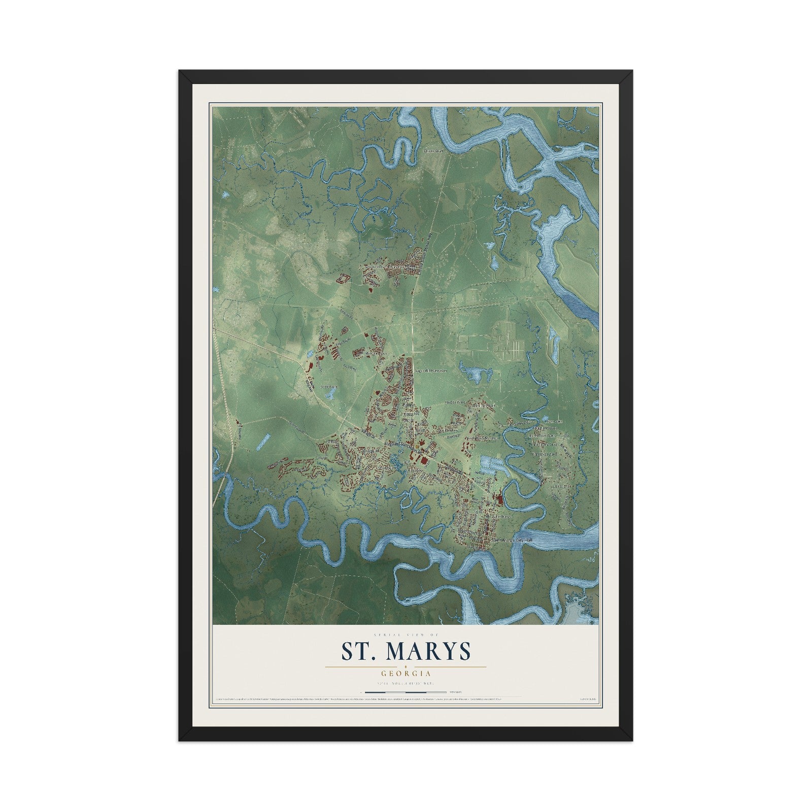 St. Marys, Georgia map print, 12" x 18" W/ Black Ayous Wood Frame mockup