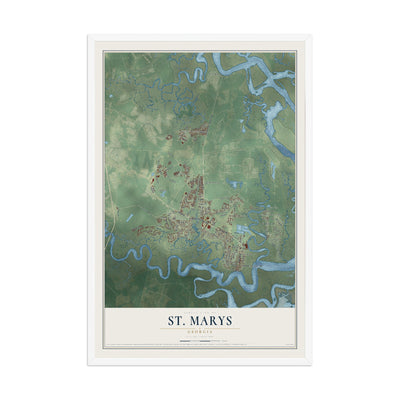 St. Marys, Georgia map print, 12" x 18" W/ White Ayous Wood Frame mockup