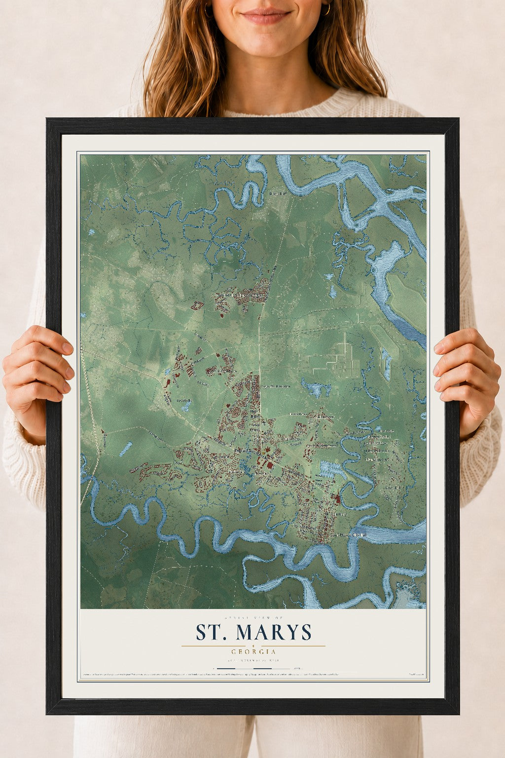 St. Marys, Georgia map print, 18" x 24" W/ Black Ayous Wood Frame mockup