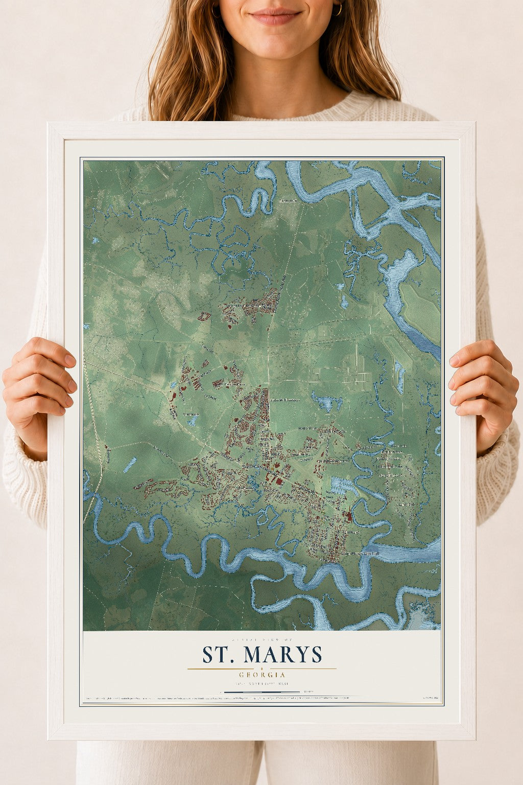 St. Marys, Georgia map print, 18" x 24" W/ White Ayous Wood Frame mockup