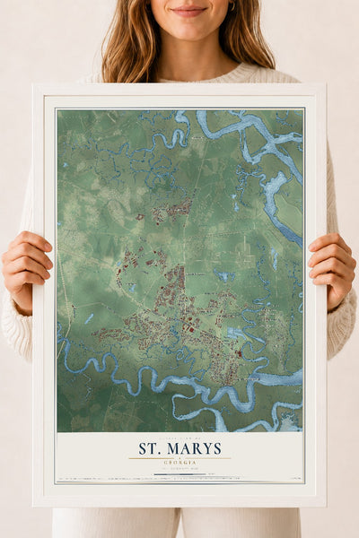 St. Marys, Georgia map print, 18" x 24" W/ White Ayous Wood Frame mockup