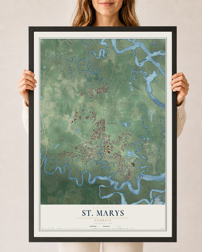 St. Marys, Georgia map print, 24" x 36" W/ Black Ayous Wood Frame mockup