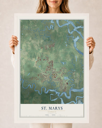 St. Marys, Georgia map print, 24" x 36" W/ White Ayous Wood Frame mockup