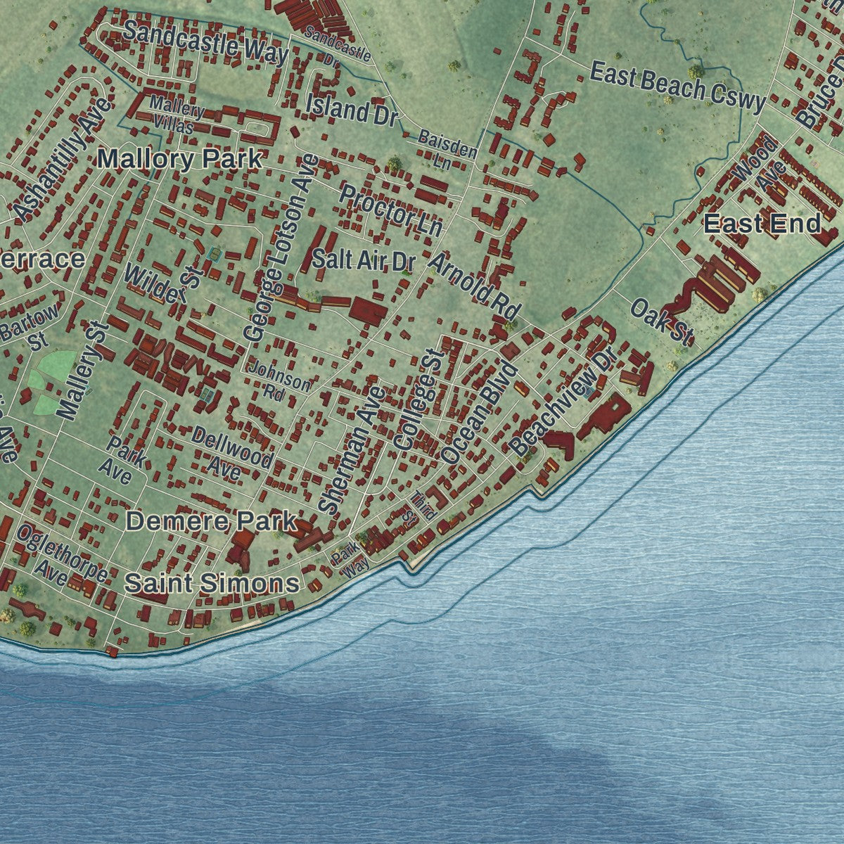 Close-up 2 of the St. Simons, Georgia map artwork