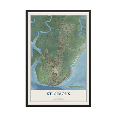 St. Simons, Georgia map print, 12" x 18" W/ Black Ayous Wood Frame mockup